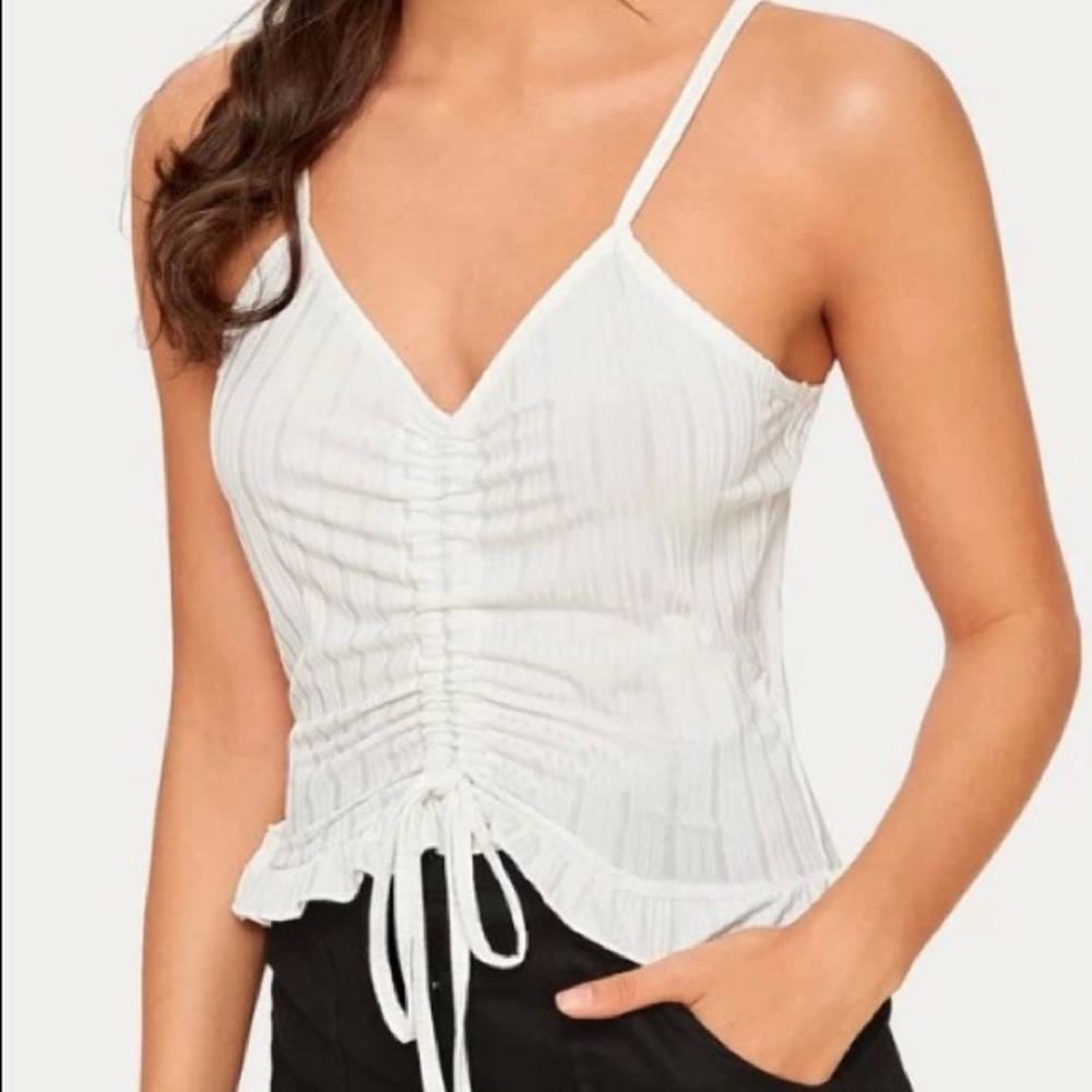 ❤️ White Deep V Neck Ruched Front W/Drawstring Ruffle Hem Rib Knit Tank Top